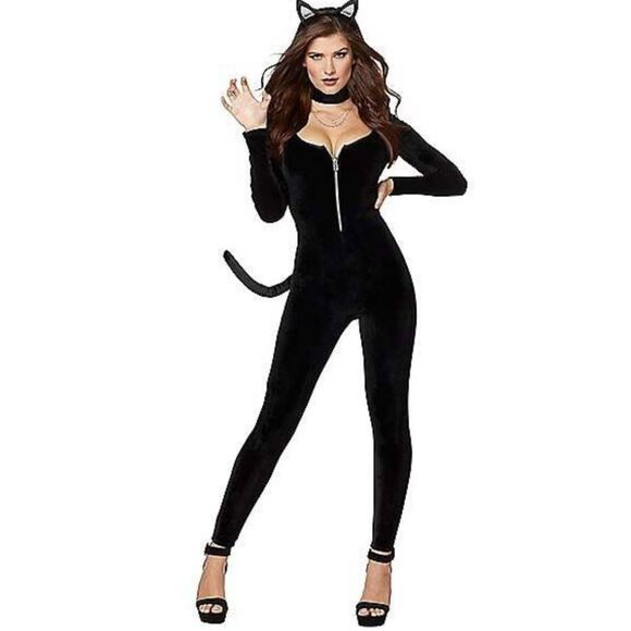 Spirit Halloween Other - Spirit Halloween Black Onepiece Catsuit Costume with Attached Tail Adult Size XS